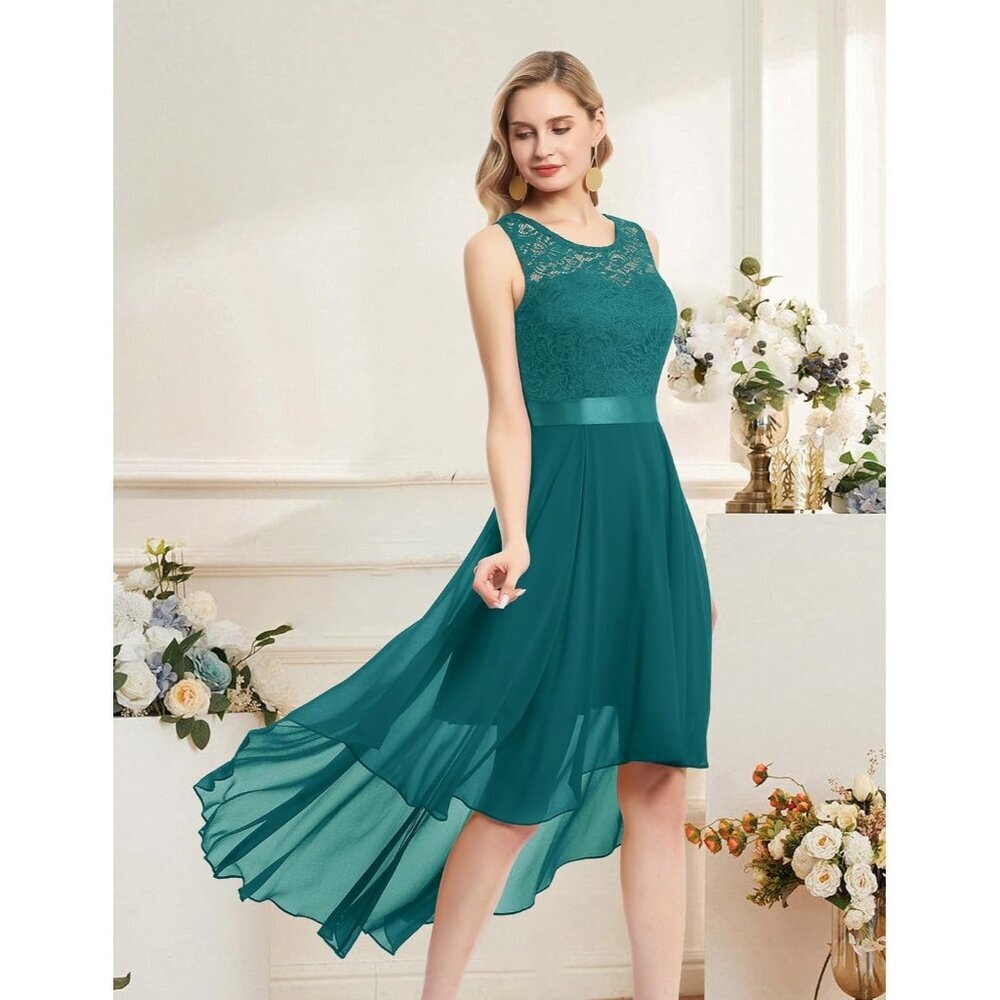 BeryLove Women Peacock Green Chiffon Scoop Neck Sleeveless Lace Cocktail Dresses - Picture 2 of 7